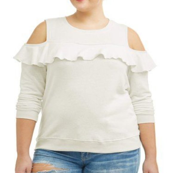 NWT Eye Candy White Open Shoulder Ruffle Sweatshirt - Picture 1 of 7